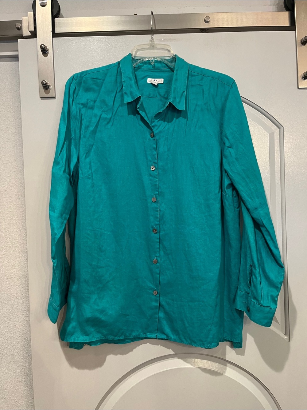 J. Jill Jungle green linen long sleeve Button-Down Shirt. GUC!